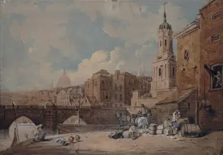 Part of Old London Bridge, with St. Magnus's Church, by John Thirtle, watercolor, 1800