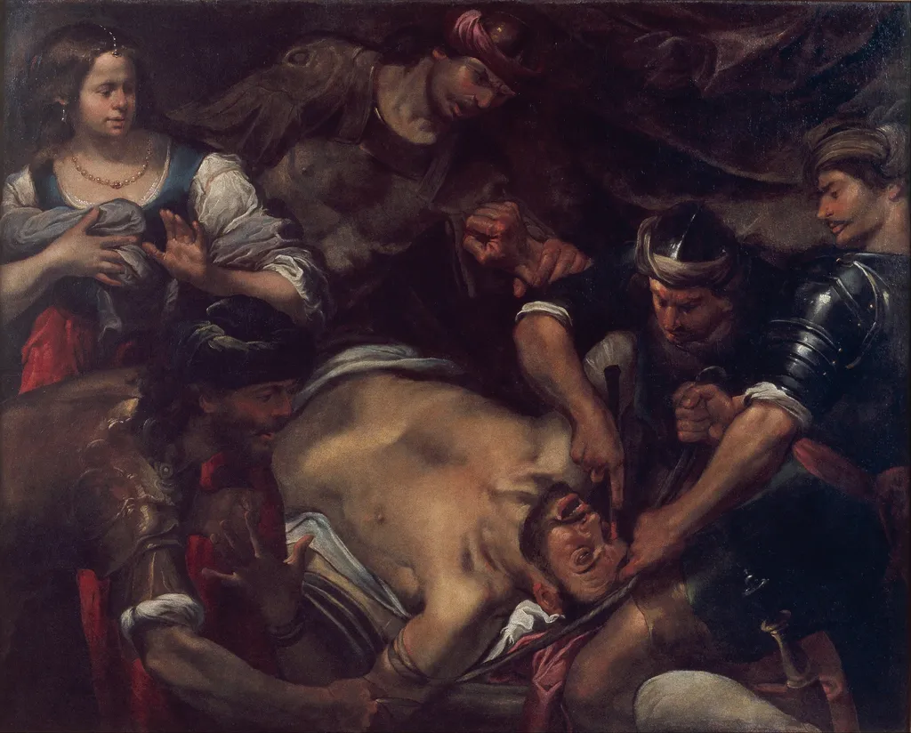 The Philistines Gouging out Samson's Eyes, by Gioacchino Assereto, oil