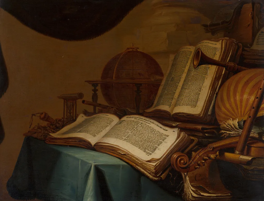 Still Life with Books, a Globe and Musical Instruments, by Jan Vermeulen, oil, 1660