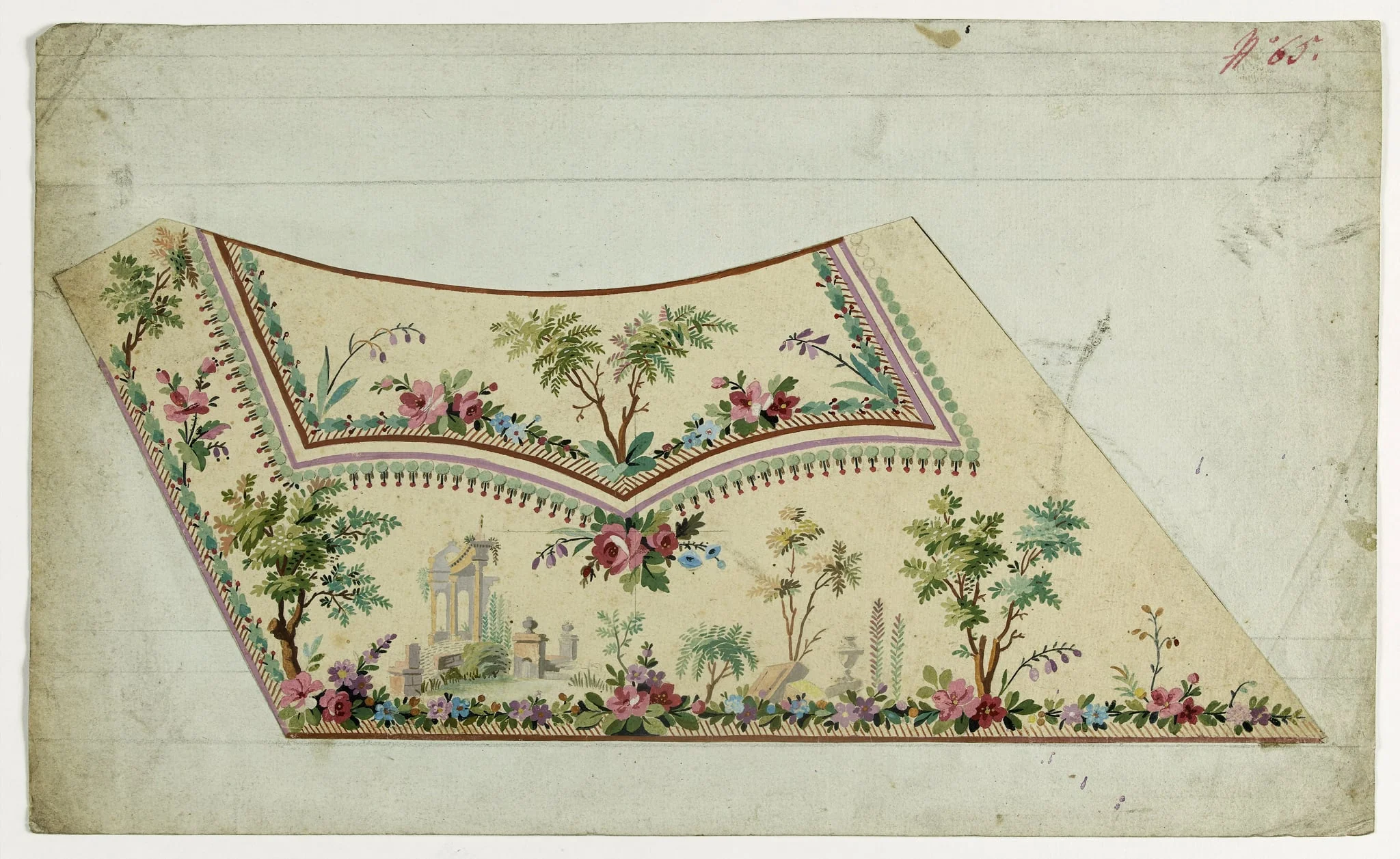 Gilet décor paysage architecture antique, projets de broderies de gilet, XVIIIème siècle, detail