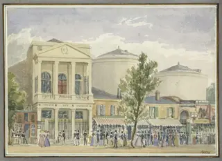 Théâtre des Variétés and the Panorama buildings in Paris, by Benjamin Ferrey, 1829