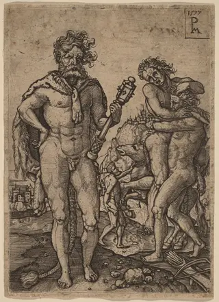 Hercules and Antaeus, by Peter Maes, ink, 1577