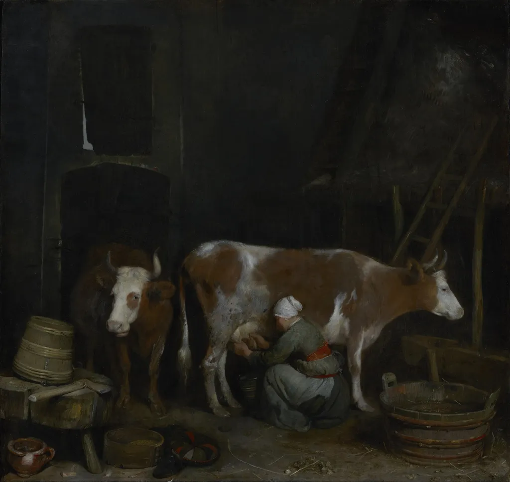 A Maid Milking a Cow in a Barn, by Gerard ter Borch, oil, 1652