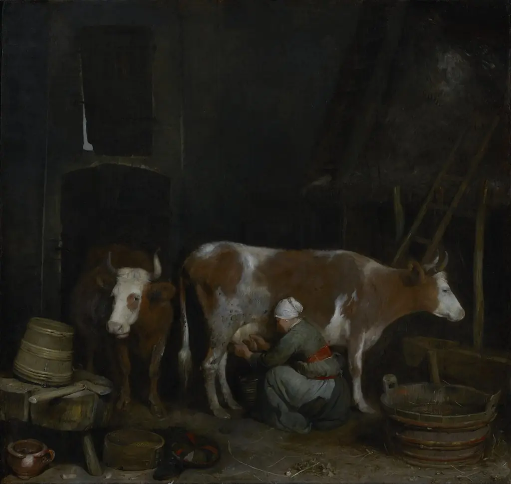 A Maid Milking a Cow in a Barn, by Gerard ter Borch, oil, 1652