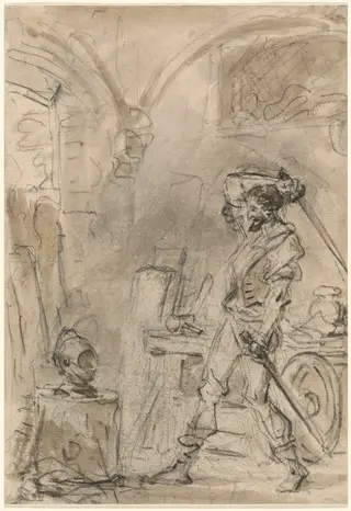 Don Quixote about to Strike the Helmet, by Jean Honoré Fragonard, charcoal, 1784