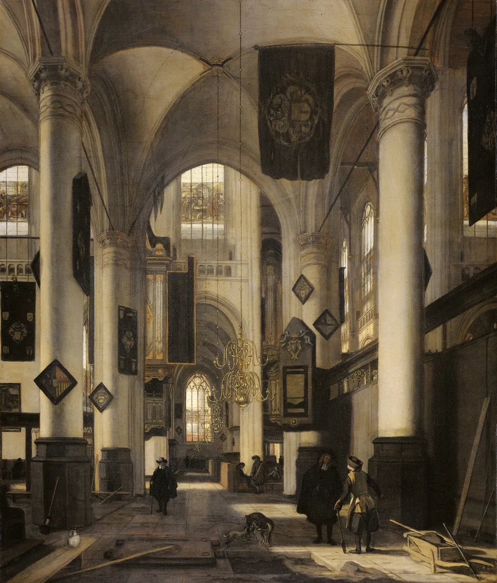 Interior of a Protestant Gothic Church, by Emanuel de Witte, oil, 1670