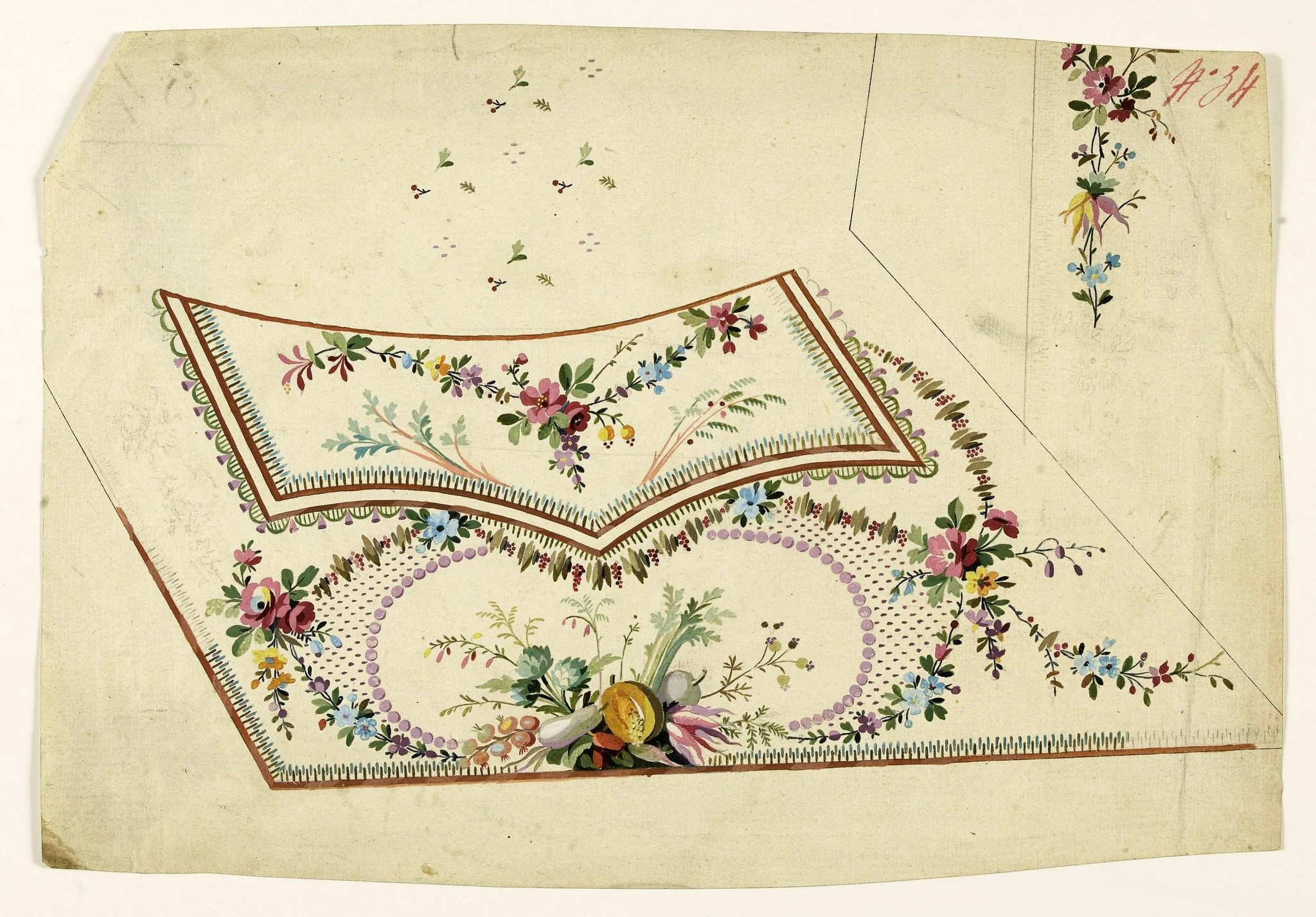 Trophée de fruits et légumes, guirlandes de fleurs et de pampres et frises de perles mauves, projets de broderies de gilet, XVIIIème siècle, detail