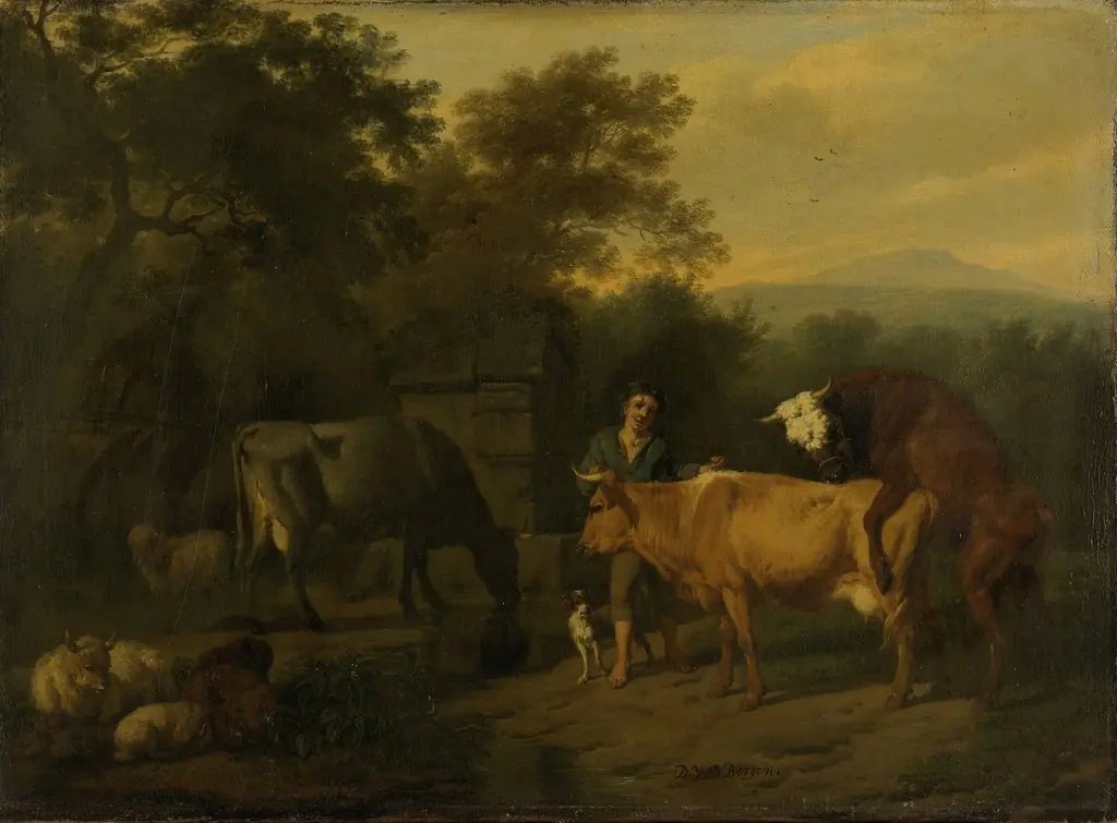 Landscape with herdsmen and cattle, by Dirck van der Bergen, oil, 1690