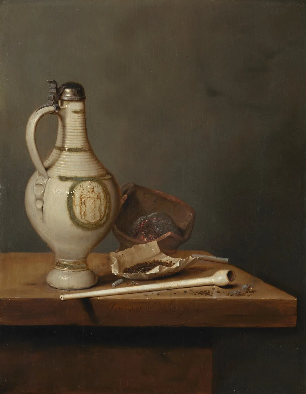 Still Life with Stoneware Jug and Pipe, by Jan Jansz van de Velde, oil, 1654
