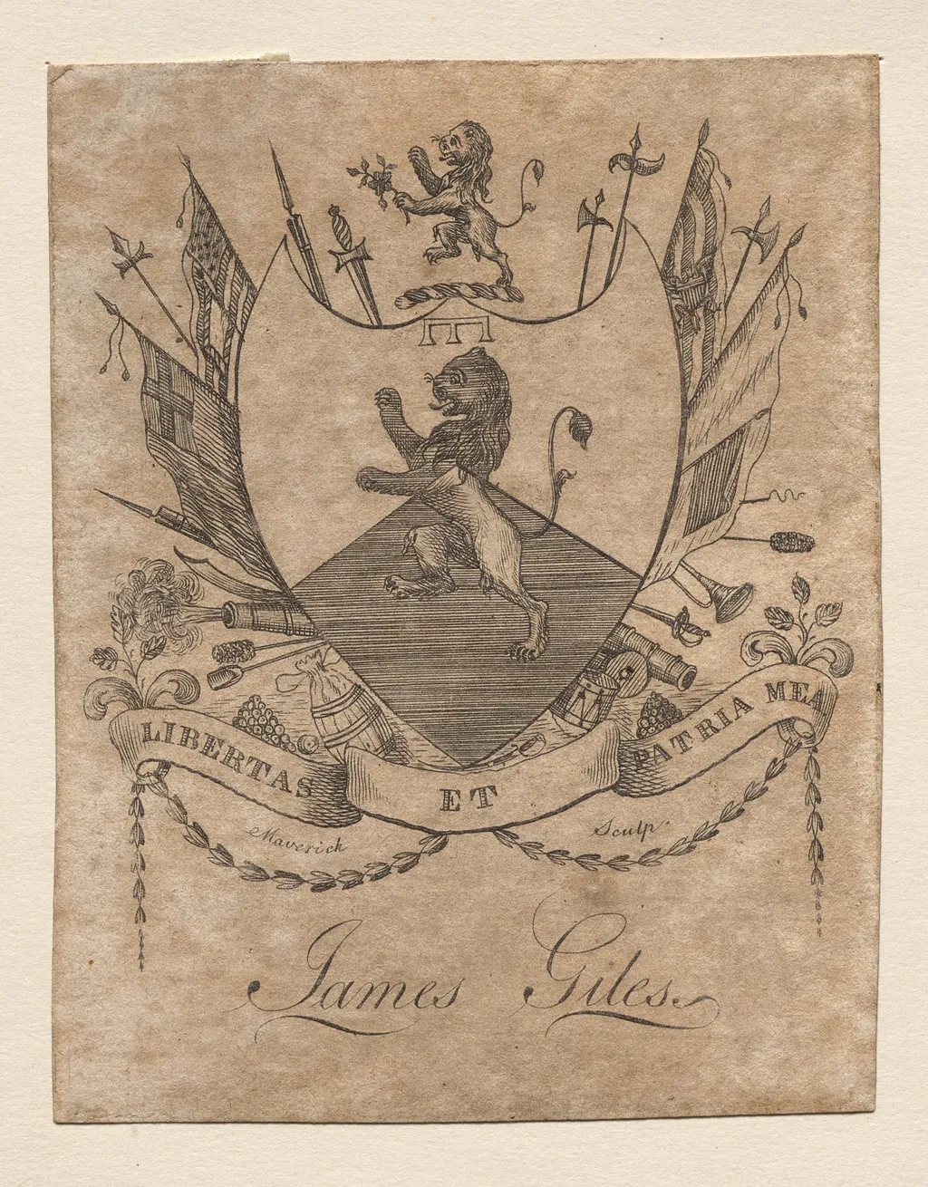 Bookplate:  Coat of Arms with James Giles inscribed below, by Peter Rushton Maverick, 1793