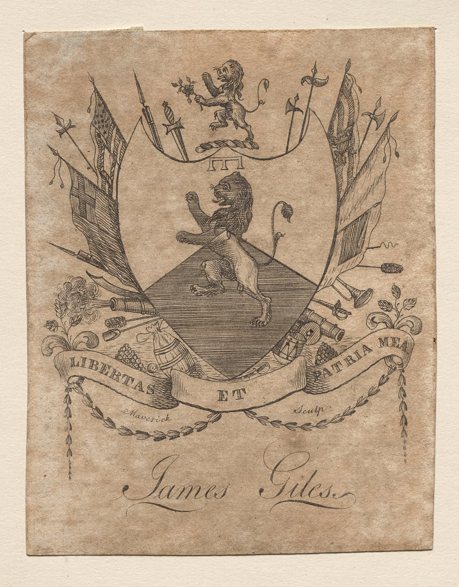 Bookplate: Coat of Arms with James Giles inscribed below, detail