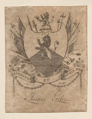 Bookplate:  Coat of Arms with James Giles inscribed below, by Peter Rushton Maverick, 1793
