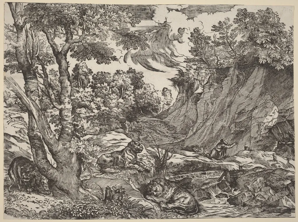 Saint Jerome in the Wilderness, by Nicolò Boldrini, ink, 1532