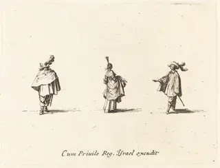 Lady with Dress Gathered Up, and Two Gentlemen, by Jacques Callot, ink, 1634