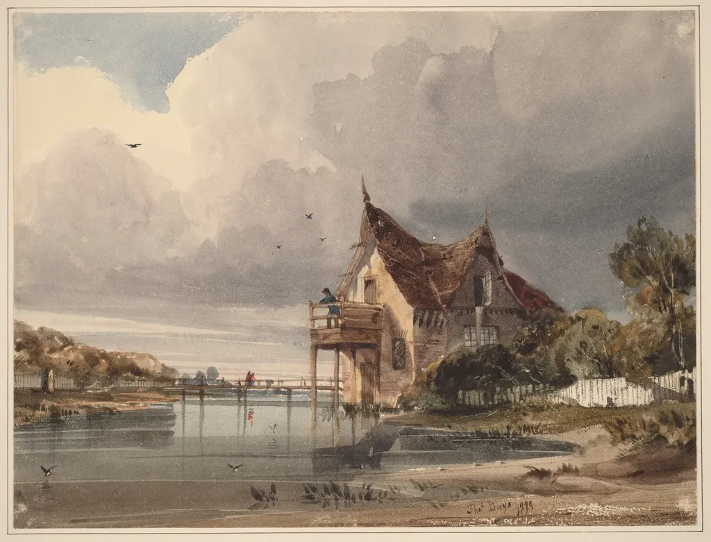 A River and Cottage with White Paling, by Thomas Shotter Boys, gouache, 1833