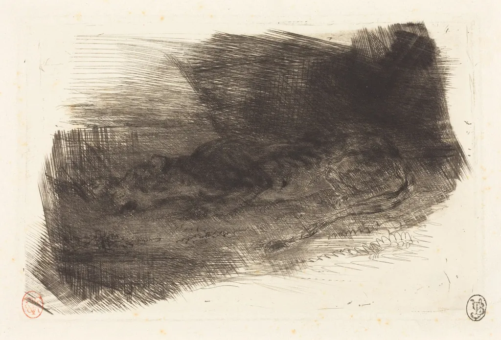 Tiger Sleeping at the Entrance to its Lair (Tigre couché à l'entrée de son antre), by Eugène Delacroix, ink, 1830