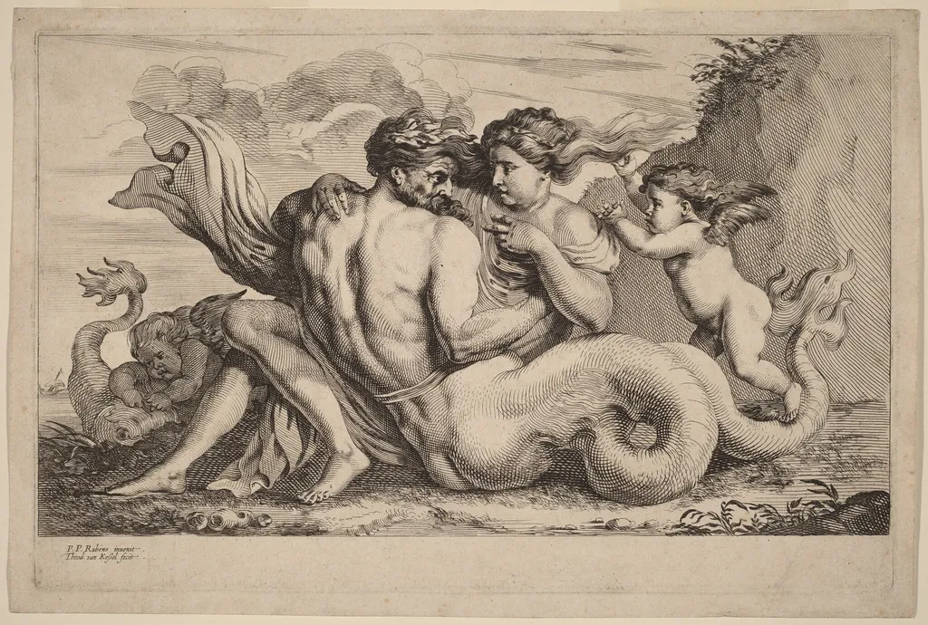 Siren and Triton, by Theodor van Kessel, ink, 1640