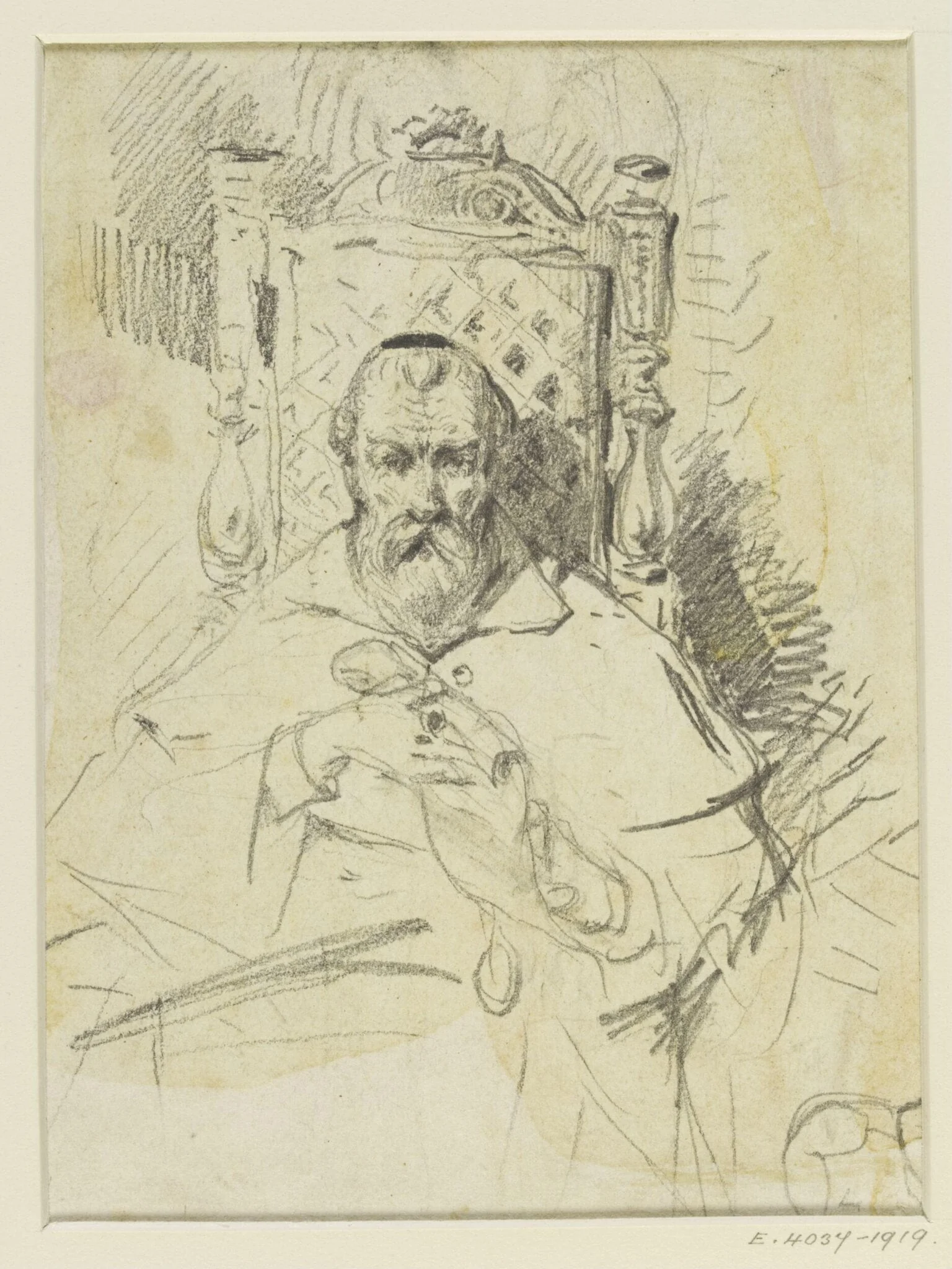 An old man seated in a chair, detail