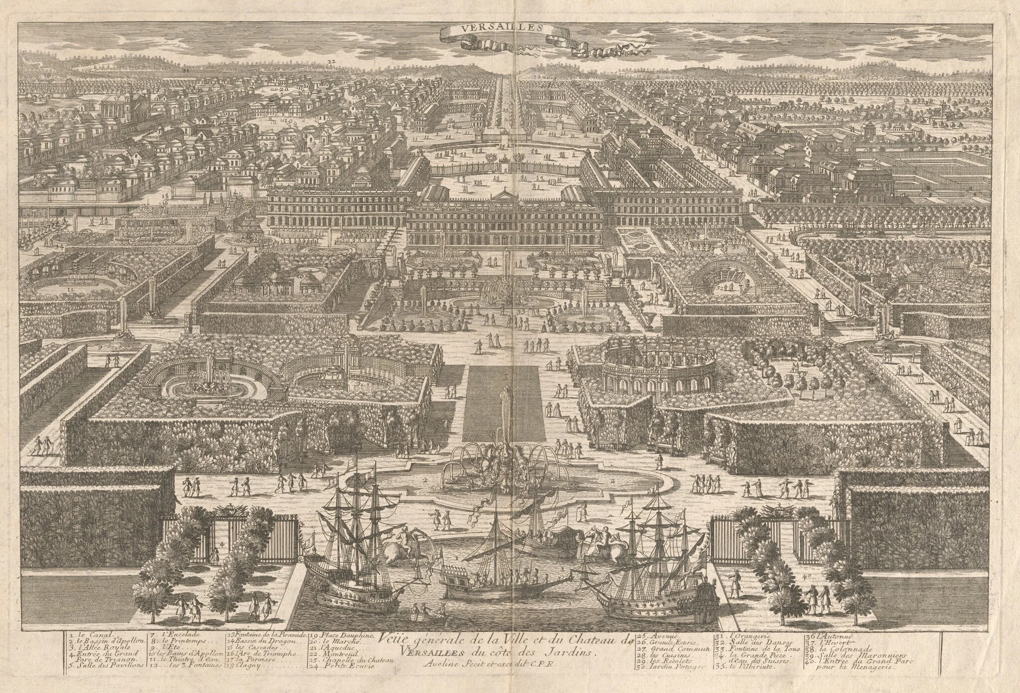Veüe générale de la Ville et du Chateau de Versailles du côté des Jardins (View of Versailles), detail