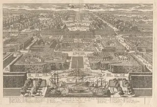 Veüe générale de la Ville et du Chateau de Versailles du côté des Jardins (View of Versailles), by Pierre Aveline the Elder, ink, 1675