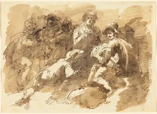 A Convivial Gathering with a Man Playing a Hurdy-Gurdy, by Giuseppe Bernardino Bison, chalk, 1803