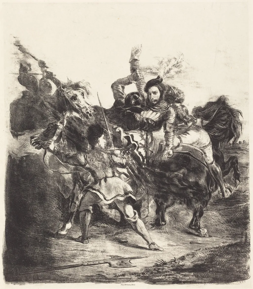 Weislingen Attacked by the Forces of Goetz (Weislingen attaqué par les gens de Goetz), by Eugène Delacroix, ink, 1836
