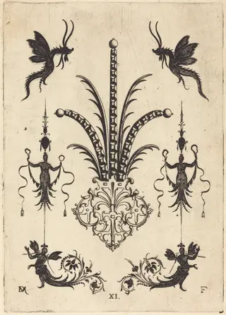 Brooch with Table-Stones, Winged Animals at Top, and Winged Human Beings at Bottom, by Daniel Mignot, ink, 1596