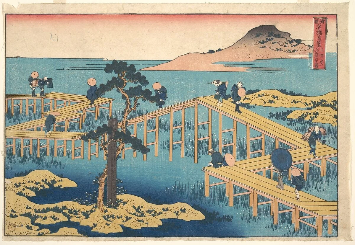 諸國名橋奇覧 三河の八ツ橋の古図|Ancient View of Yatsuhashi in Mikawa Province (Mikawa no Yatsuhashi no kozu), from the series Remarkable Views of Bridges in Various Provinces (Shokoku meikyō kiran), detail