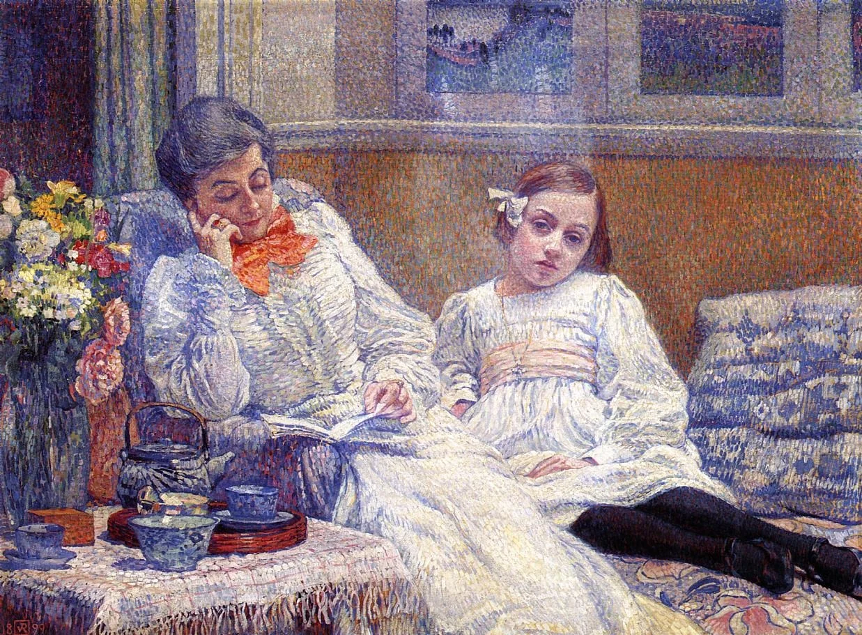 Woman reading with a young girl (Mia Van Rysselberghe with her daughter Elisabeth ?), detail