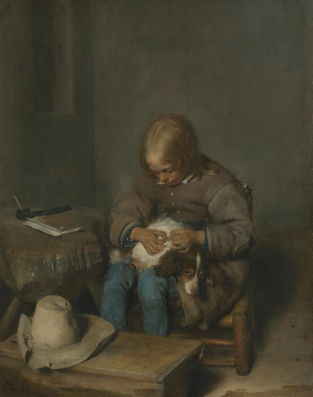 A Boy Picking Fleas off a Dog, by Gerard ter Borch, oil, 1655