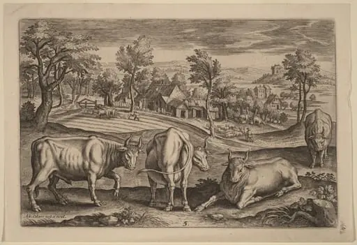 Four Bulls, by Adriaen Collaert, ink, 1597