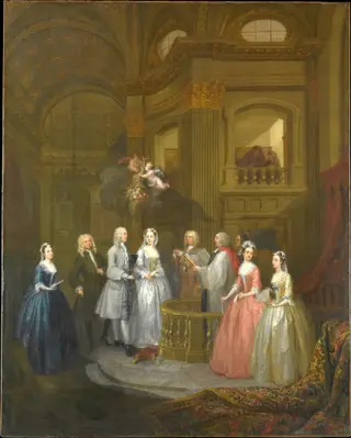 The Wedding of Stephen Beckingham and Mary Cox, by William Hogarth, oil, 1729