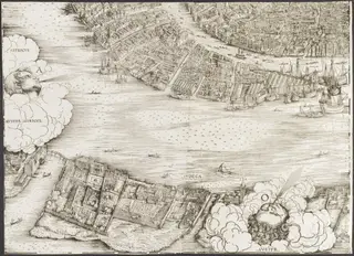 View of Venice [lower left block], by Jacopo de' Barbari, ink, 1500
