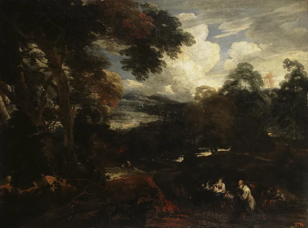 Landscape with Flight into Egypt, by Lucas Achtschellinck, oil, 1675