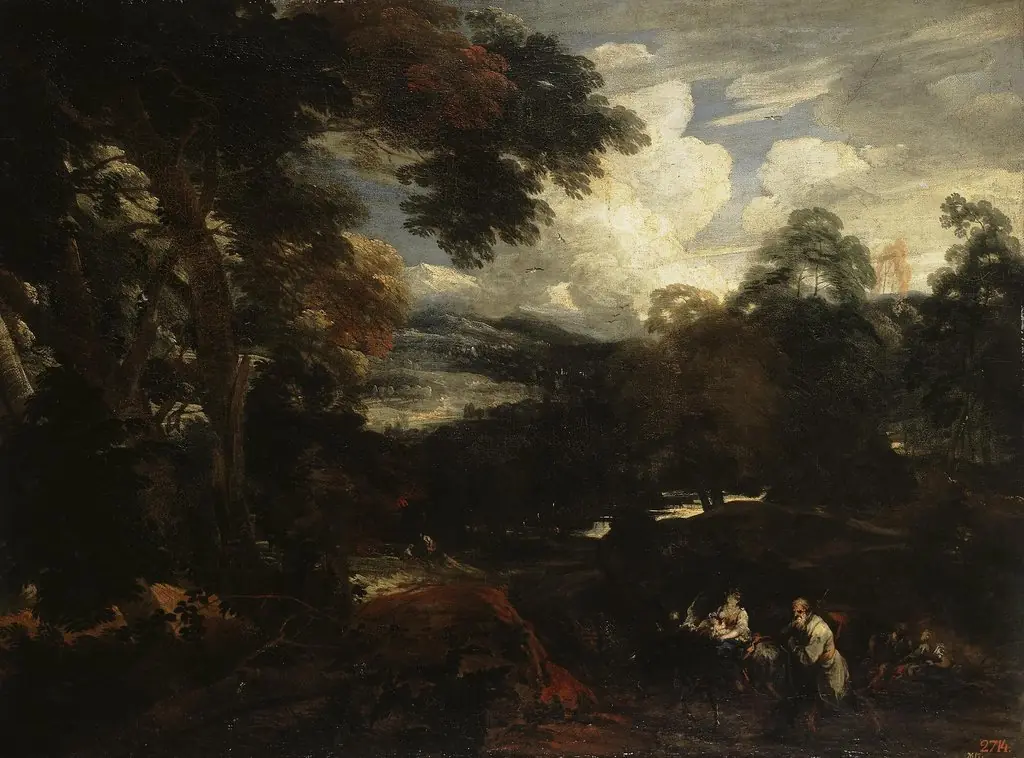 Landscape with Flight into Egypt, by Lucas Achtschellinck, oil, 1675