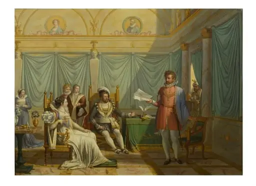 Tasso Reading Before the Duke of Ferrara, by Elie-Honoré Montagny, oil, 1815