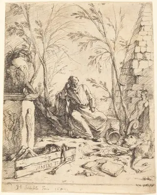 Democritus Meditating, by Johann Heinrich Schönfeld, ink, 1654