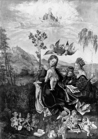 Mary with the child, Saint Catherine, Saint Barbara and angels, by Jörg Breu the Elder, paint, 1512