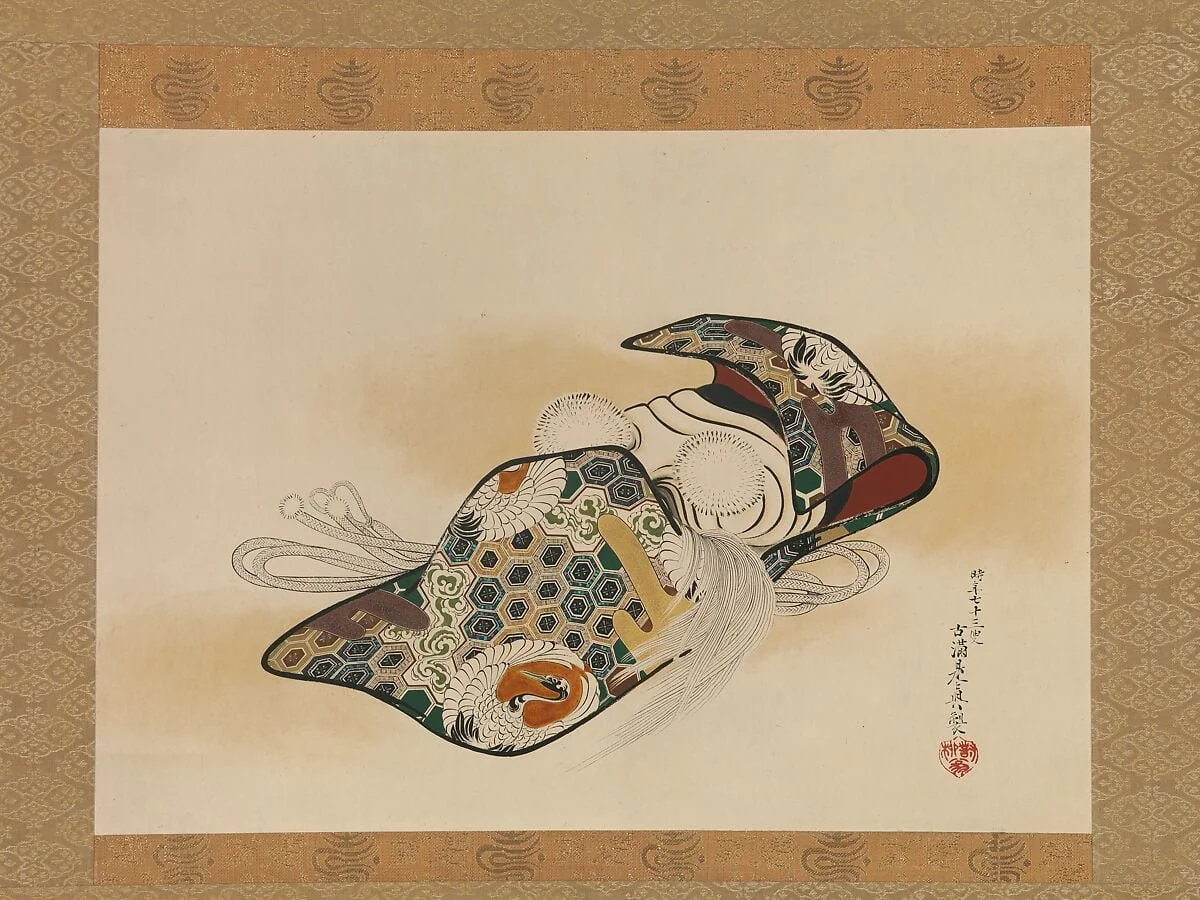 柴田是真作 翁面図|Mask for the Noh Play Okina, detail