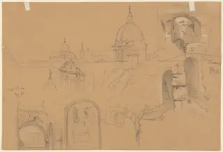 Studies of the Colosseum and Monte Pincio (verso), by Julius Jacob the Elder, graphite, 1851