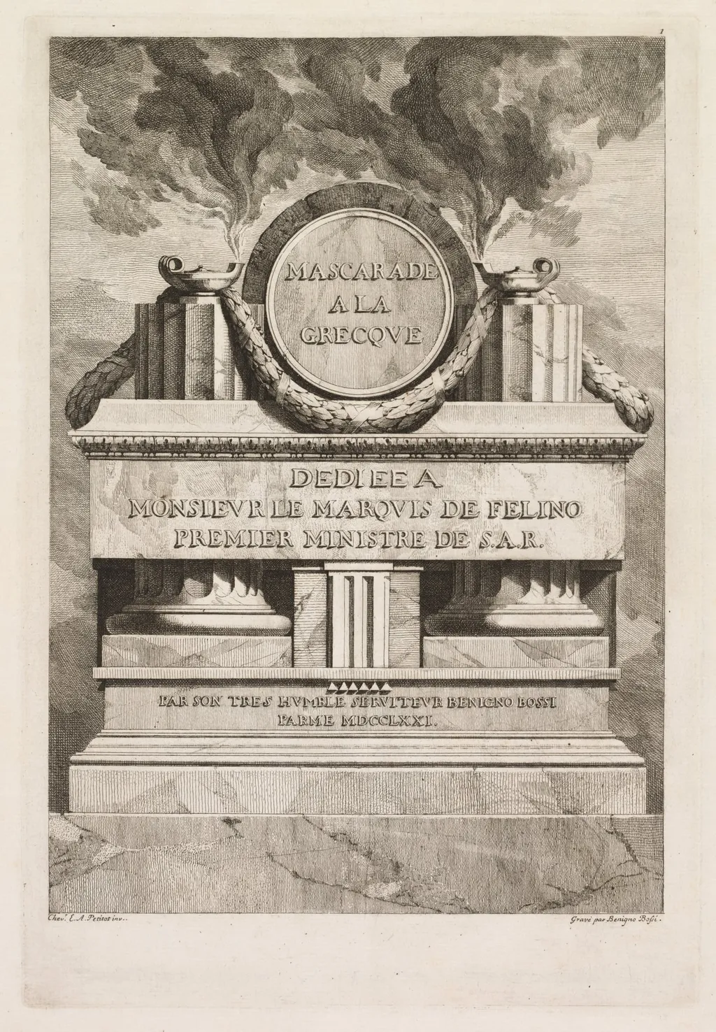Mascarade à la Grecque: Dedication Page, by Benigno Bossi, 1771