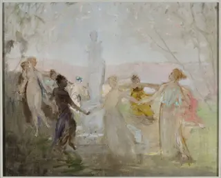 Sketch for the painting “Procession around the Venus de Milo statue”, by Jan Ciągliński, oil, 1899