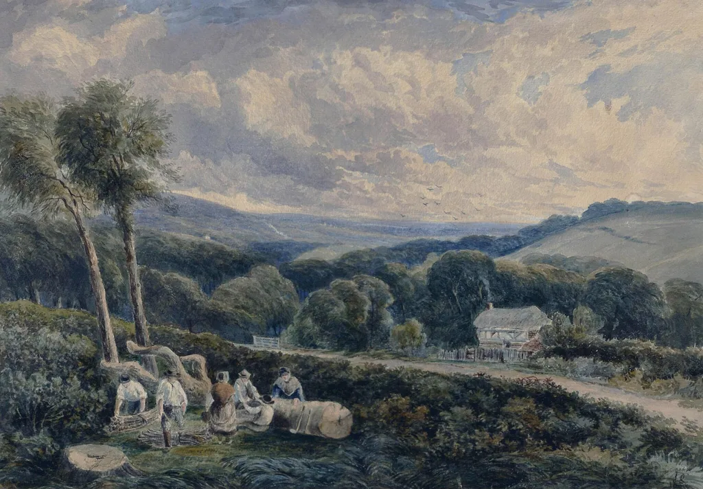 Landscape with cottage - labourers binding cordwood, by David Cox, watercolor, 1853