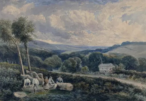 Landscape with cottage - labourers binding cordwood, by David Cox, watercolor, 1853
