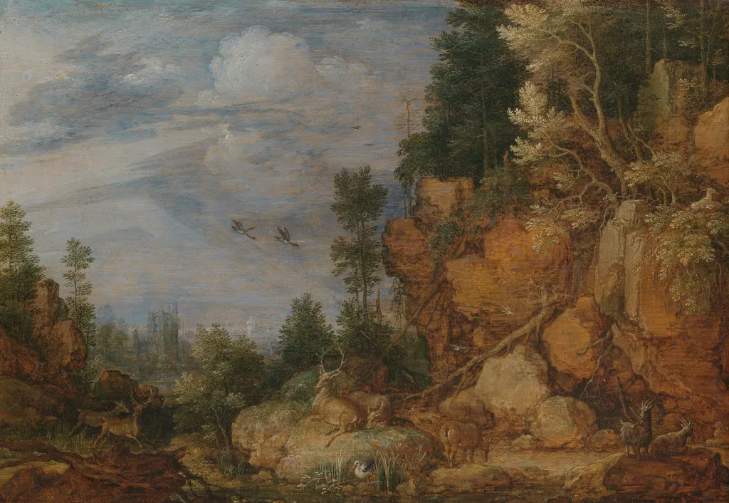 Rocky landscape with deer and goats, by Gillis d'Hondecoeter, oil, 1620