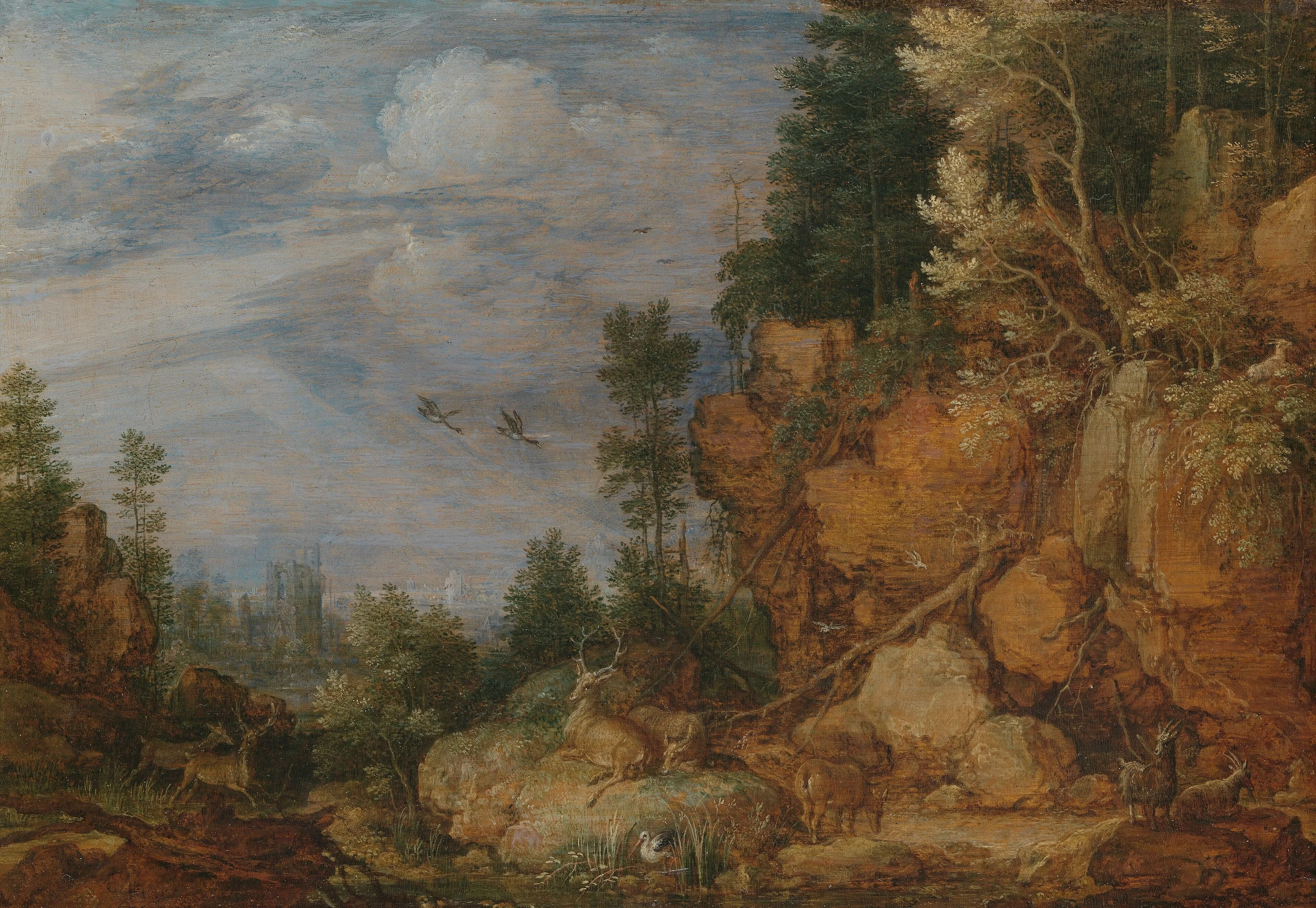 Rocky landscape with deer and goats, detail