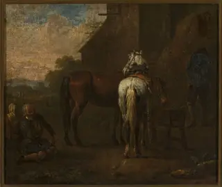 Horses in front of a tavern, by Pieter van Bloemen, oil, 1698