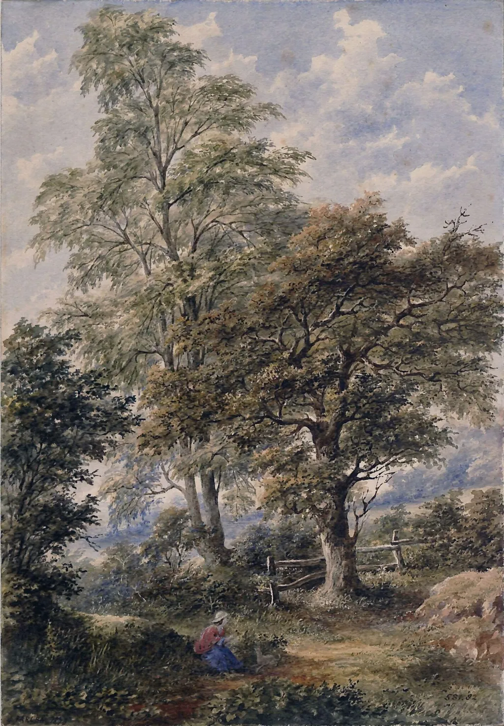 The skirts of a wood, with a girl and a dog, by Josiah Parlby, watercolor, 1873