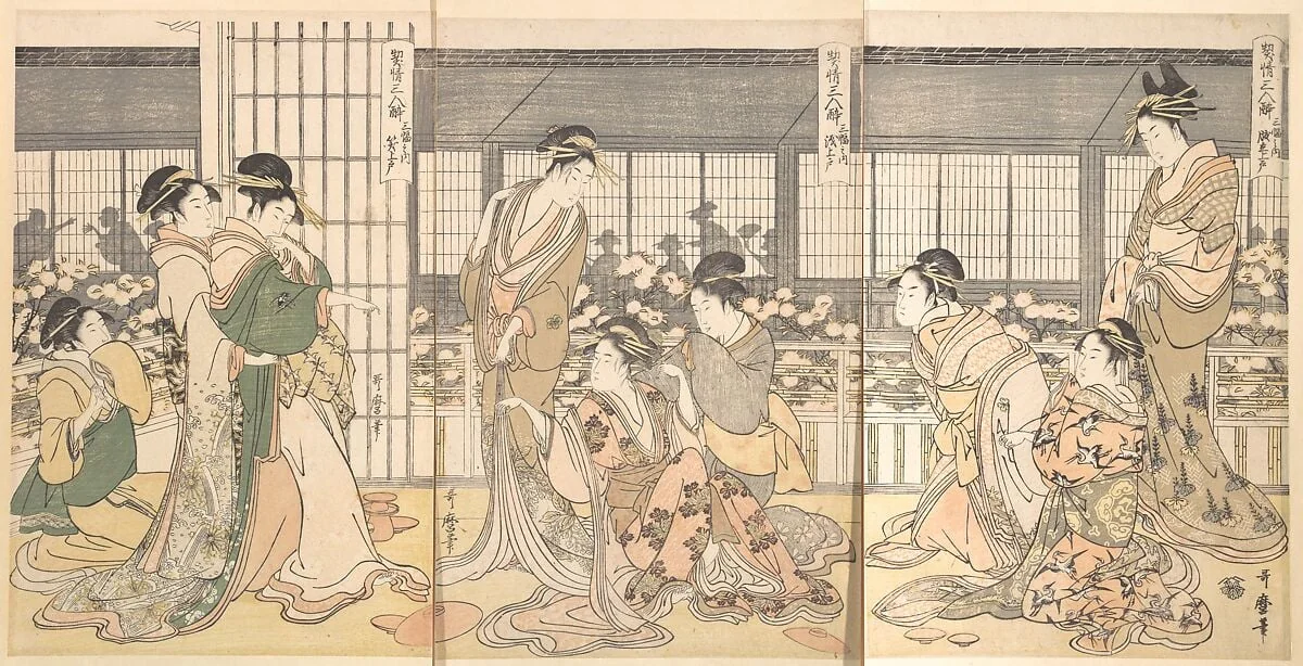 契情三人酔 三幅之内 腹立上戸 泣上戸 笑上戸|Three Intoxicated Courtesans, detail