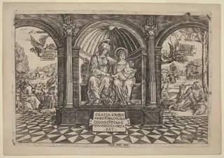 Virgin and Child Enthroned with Saint Anne, by Master NA.DAT with the Mousetrap, ink, 1512